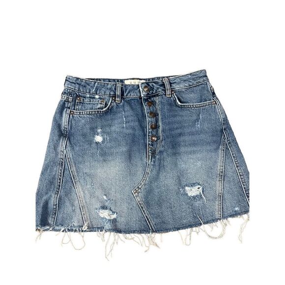We the Free blue jean denim distressed button fly skirt size 29 - Picture 1 of 6